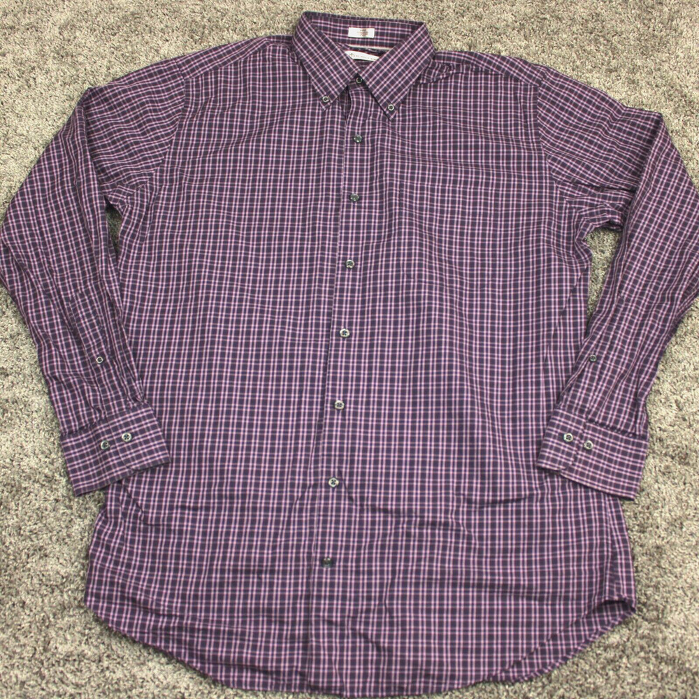 Peter Millar Button Up Shirt Mens Large Purple Plaid Cotton Casual